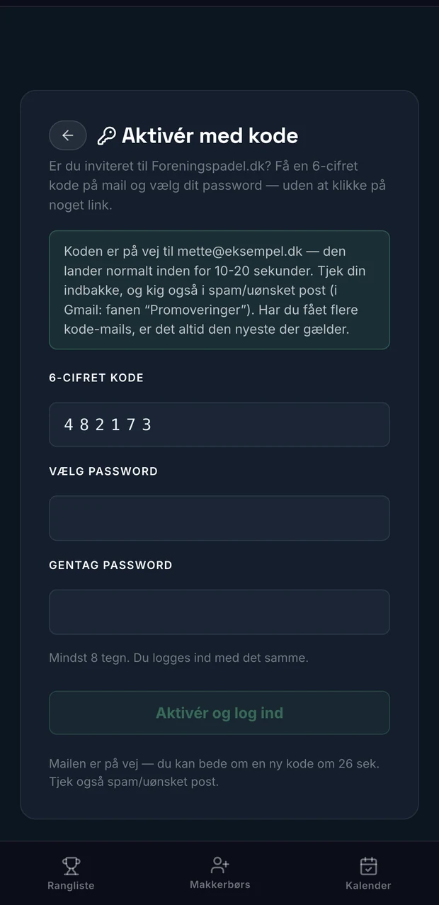 Sk&aelig;rmen hvor du taster den 6-cifrede kode og v&aelig;lger dit password