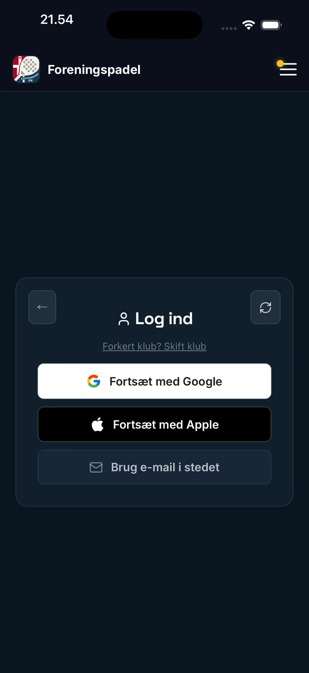 Log ind-sk&aelig;rmen med Forts&aelig;t med Google, Forts&aelig;t med Apple og Brug e-mail i stedet