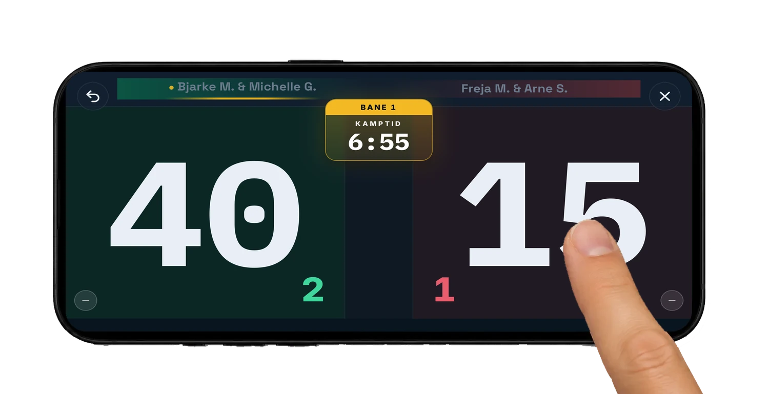 Live scoring på telefonen: 40–15, kamptid 6:55 — tap for at score