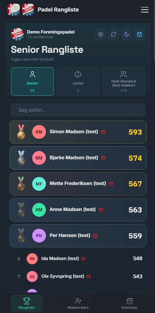 Foreningspadel app — Senior Rangliste med live point og medaljer