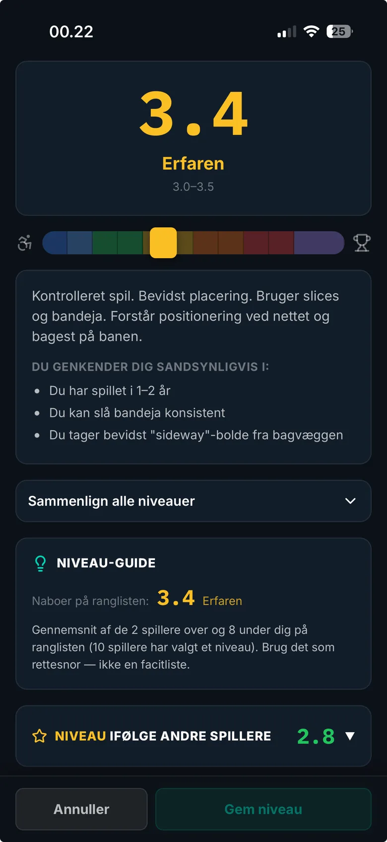 Vælg dit niveau i appen